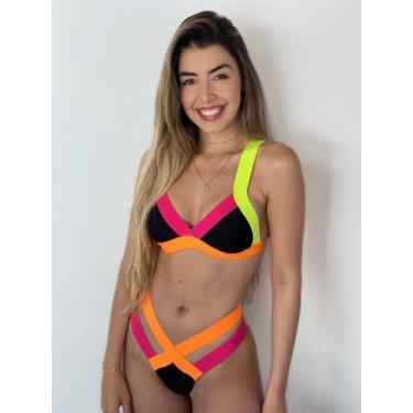 Imagem de Biquíni Top Triângulo Fixo Neon Preto Rosa Amarelo Coral - Mf Fashion