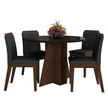Imagem de Mesa Redonda Com Vidro 4 Cadeiras Bélgica Imbuia/preto/preto - M.a