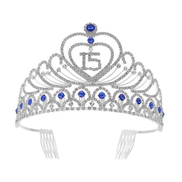 Imagem de Tiara de cristal de strass para festa de aniversário, coroa de 15 anos (azul)