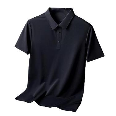 Imagem de Camisa polo masculina de lapela sólida de seda gelo camisas de golfe com botões para trabalho camiseta elástica atlética secagem rápida, Preto, XG