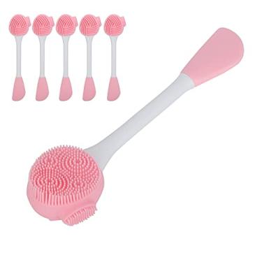 Imagem de Conjunto de Escova de Limpeza Facial de Silicone de Cabeça Dupla Melhora a Elasticidade Pele Aplicador de Máscara de Lama 5 Peças (Rosa e branco de duas cabeças)