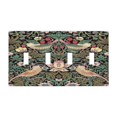 Imagem de Rougui Placas decorativas para interruptores rústicos morris ladrão de morango verde escuro planta pássaro 4 gangues placa de parede interruptor de luz placa de cobertura quadriciclo jumbo placa