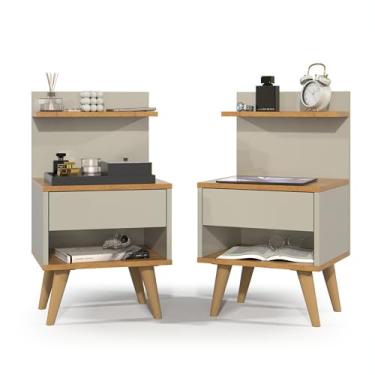 Imagem de KIT 2 Mesas De Cabeceira Retro Mesinha Quarto Decoração Lateral Cama Moderno Sleep - Quality Móveis (OffWhite/Nature)