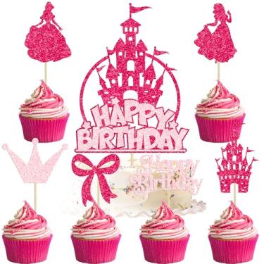 Imagem de Gyufise 25Pcs Castle Cake Topper Frozen Happy Birthday Snowflake Cupcake Toppers Winter Wonderland Cake Decorations for Princess Happy Birthday Baby Shower New Year Party Supplies Pink Rose Red