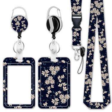 Imagem de Porta-crachá de identificação com cordão, clipe retrátil para carretel de crachá para enfermeira médica, alça de pescoço removível, porta-cartões de identificação, chaveiro, cordão para estudantes, professores, funcionários de escritório (margarida)