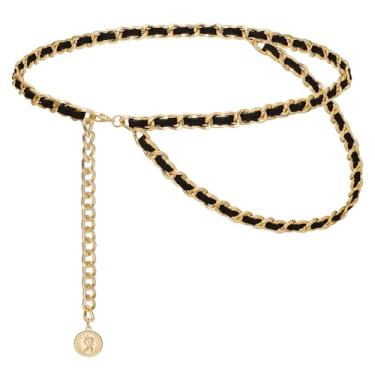 Imagem de Liutufy Cintos femininos modernos de tecido flocado em camadas corrente de cintura de metal para colete social jeans, S: 35.4 in/90 cm, Metal não precioso, Sem Pedra Preciosa