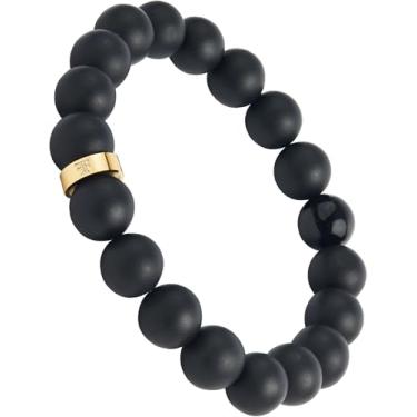 Imagem de Forge & Foundry Pulseira masculina de 10 mm com contas ônix preto fosco | Conta de assinatura folheada a ouro 18K polido e conta de ônix brilhante simples | Joia refinada feita à mão, projetada por joalheiros, forjada para homens, Large, Aço inoxidável, Ônix