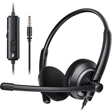 Imagem de awatrue Fone de ouvido com fio com microfone para PC, laptop – fones de ouvido intra-auriculares de 3,5 mm com microfone com cancelamento de ruído para webinars Boom Skype, controle em linha,