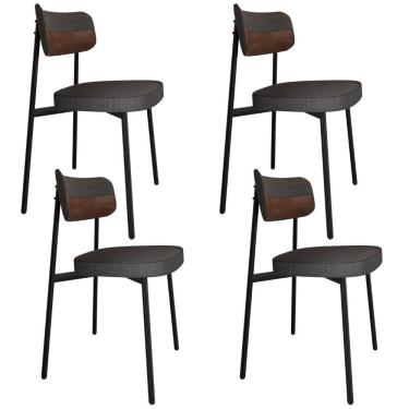 Imagem de Kit 04 Cadeiras Estofada Para Sala De Jantar Astrid Preto C01 Linho Preto Courino Whisky - Lyam Decor