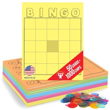 Imagem de Hygloss Produtos Cartões de Bingo em Branco para Escrever - Pacote com 50 Multicoloridos - 1000 Fichas Incluídas - Folhas de Bingo de Tamanho Grande Descartáveis - Atividades para Sala de Aula, Festas