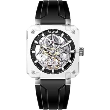 Imagem de OBLVLO Relógio de pulso masculino quadrado com mostrador esqueleto automático, caixa transparente, moderno, esportivo, mecânico, impermeável, pulseira confortável, BRM-IBBR, Mecânico, automático