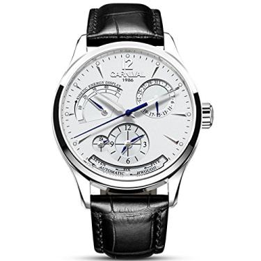 Imagem de Carnival Relógio masculino com mostrador cinético, automático, aço inoxidável, safira, impermeável, couro preto, Mostrador prata/branco, Mecânico