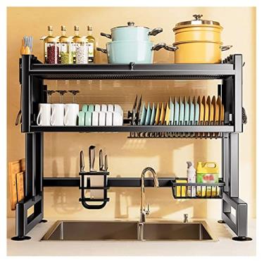 Imagem de CLLBANT Escorredor de pratos, escorredor de pratos sobre o lavatório, escorredor de pratos grande para balcão de cozinha, com gancho de metal, porta do armário (cor: Preto, tamanho: