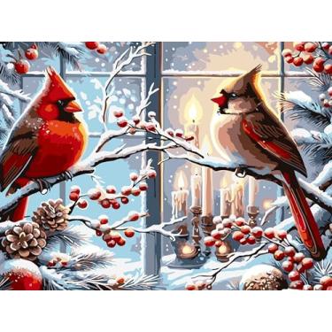 Imagem de Kit de pintura de Natal por números para adultos iniciantes, kits de pintura de pássaro vermelho DIY por números, pintura acrílica de cor fácil em tela, kits de pintura de velas, decoração de parede