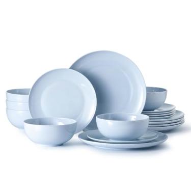 Imagem de KINGSTONE Conjunto de louça Bone China, conjunto de louça de 18 peças para 6, leve, durável, seguro para lava-louças, utensílios de mesa para uso diário com design elegante, azul