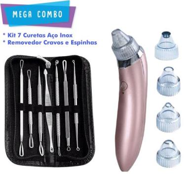 Imagem de Kit Extrator Curetas 7pçs + Aparelho Removedor Cravos e Espinhas - Bea