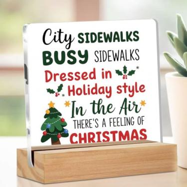 Imagem de There's a Feeling of Christmas Acrylic Desk Decor 10 x 10 cm, placa decorativa de mesa de árvore de Natal para escritório em casa, sala de estar, prateleira de mesa cubículo