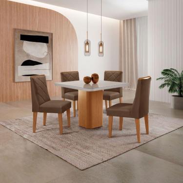 Imagem de Mesa De Jantar Eloise Canto Copo 4 Cadeiras Isadora Moderna Veludo Marrom/off White/naturale