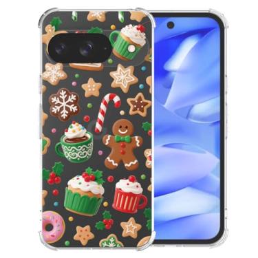 Imagem de CAROKI Capa de celular de Natal para Google Pixel 9/9 Pro - Capa protetora de TPU transparente transparente com estampa de pão de gengibre e sobremesas de Natal, capa fofa à prova de choque para