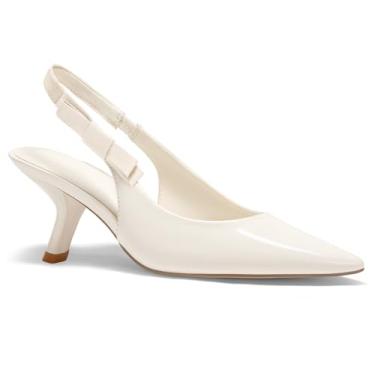 Imagem de Coutgo Sapato social feminino com salto gatinho fechado bico fino laço couro envernizado sem cadarço, Bege, 39