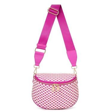 Imagem de Bolsas transversais femininas de couro vegano, moda xadrez, bolsa para bumbum de poliuretano, Branco e rosa, Medium, Bolsas transversais de tecido