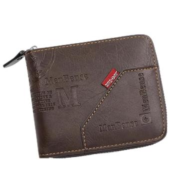 Imagem de Carteira masculina dobrável com bolso para moedas com zíper - carteira curta, janela para identidade e compartimentos para cartão, Café escuro, Dobrável