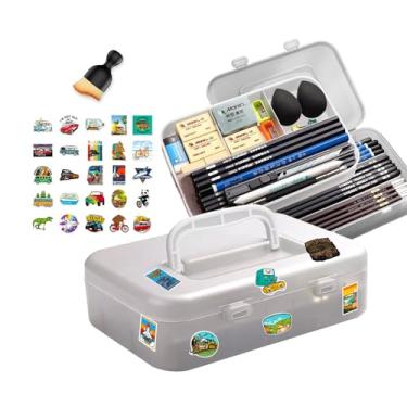 Imagem de ELFSELPREE Organizador de plástico portátil de 2 camadas com vários compartimentos, com 25 adesivos estilo e 1 escova de limpeza para organizadores de artesanato e armazenamento, costura, caixa de