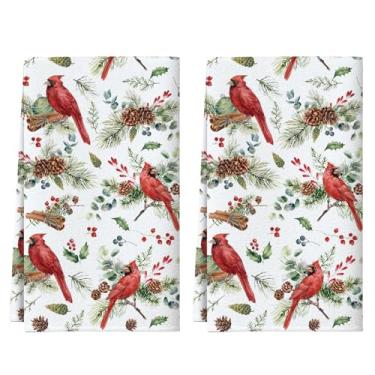 Imagem de OTOSTAR Pássaros cardinais vermelhos toalhas de cozinha de Natal 45,7 x 66 centímetros vermelho berry pinho cone inverno férias natal panificação pano de cozinha toalhas de prato para decoração de