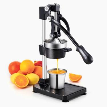 Imagem de TONGCHANT Espremedor manual extra alto de ferro fundido com base plana e copo de aço inoxidável para limão, romã, limão, frutas cítricas, espremedor manual pesado, espremedor de laranja, fácil de