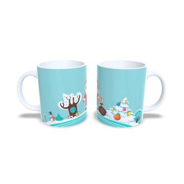 Imagem de Caneca de Cerâmica Natalina, Branca, 325ml, com Decoração de Bolas de Natal em Vermelho, Azul e Verde, Design Festivo com Laços (5)