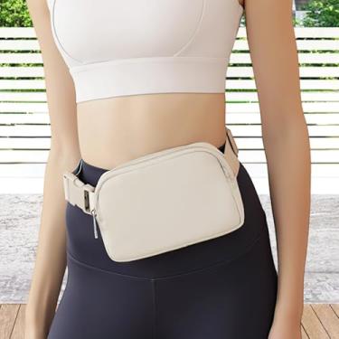 Imagem de Pochete feminina de náilon, bolsa transversal de cintura 20,6 x 5 x 14 cm, alça ajustável, bolsa de cinto feminina e masculina para esportes, viagens, festivais, Bege, Esportivo