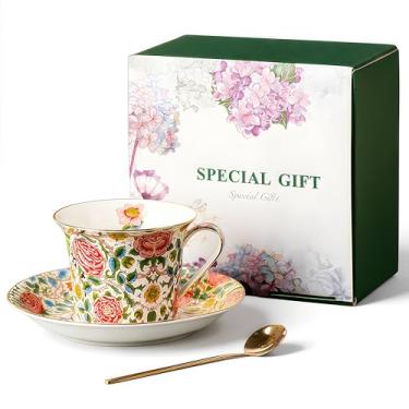 Imagem de Conjunto de xícara de chá e pires de rosa rococó de 238 g com colher – xícara de chá de porcelana floral vintage com acabamento dourado, conjunto de porcelana em caixa de presente para mulheres, festa
