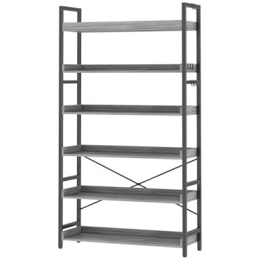 Imagem de HCHQHS Estante industrial ajustável, prateleira vertical alta, estante aberta de madeira e metal preto para escritório em casa, sala de estar, quarto (cinza, 6 camadas (78,7 cm L x 177,8 cm A))