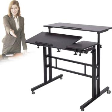 Imagem de HGTRH Mesa de pé ajustável, mesa lateral móvel, suporte de aço carbono, altura ajustável e rodízio giratório, ajustável em pé inclinável, mesa sentada para escritório em casa, branco