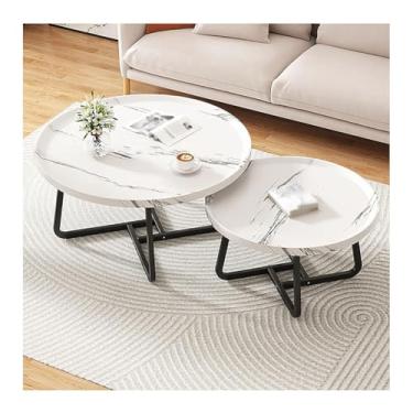Imagem de HGTRH Mesas de encaixe redondas para sala de estar, conjunto de 2 mesas de centro modernas com suporte de aço carbono HDF empilhável para apartamento, sala de estar, quarto, varanda, branco 60 cm + 80