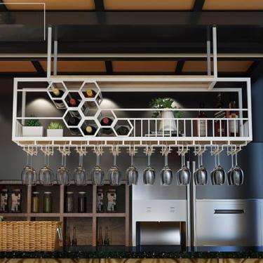 Imagem de HGTRH Suporte para copo de vinho pendurado no teto, prateleiras flutuantes para parede com prateleiras de taças de vinho, rack de vinho para pendurar loja de arte de metal industrial de ferro