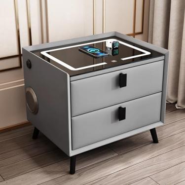 Imagem de Yadlan Mesa de cabeceira inteligente com carregamento sem fio, mesinhas de cabeceira com gavetas de madeira maciça, 2 gavetas mesa de cabeceira para quarto com Bluetooth e luz LED sensível ao toque, 2
