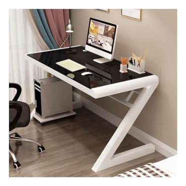 Imagem de Mesa de computador com vidro temperado, mesa de escrita moderna com moldura de aço carbono em forma de Z, estação de trabalho para computador, mesa de escritório, mesa de jogos, rolamento de