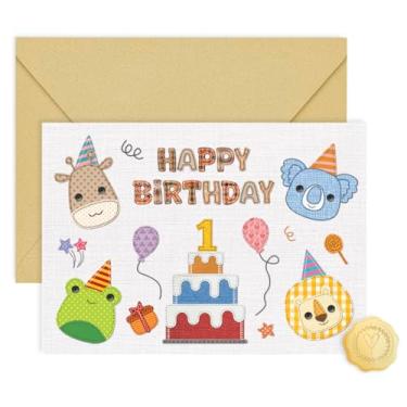 Imagem de CRTURUNIQ Lindo cartão de aniversário para bebê menino ou menina - Cartão de presente de feliz primeiro aniversário para crianças de 1 ano com envelope extra grosso