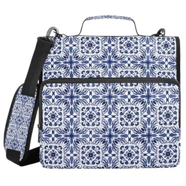 Imagem de SEHANY Fichário de zíper azul e branco com alça de ombro, capacidade para 500 folhas, vários bolsos, fichário com 3 anéis com zíper de 3 cm
