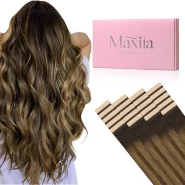 Imagem de MAXITA Extensões de cabelo humano com fita adesiva, fita reta Remy real em extensões, marrom escuro a marrom quente e marrom castanho claro extensões de cabelo trama de trama 50 cm 50 g 20 peças
