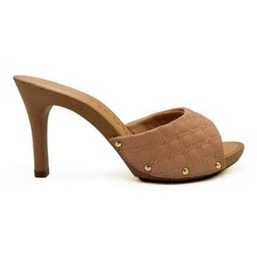 Imagem de Tamanco Tchocco Salto Fino Alto Nude Rosê Bordado Matelassê Retrô 52905-Feminino