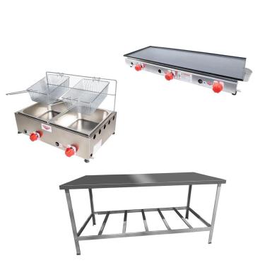Imagem de Kit Lanchonete Mesa de Manipulação 190x70cm + Fritadeira a Gás 2 Cuba + Chapa a Gás 90cm Alcamar