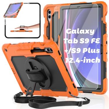 Imagem de Capa para tablet Samsung Galaxy Tab S9 FE+/S9 Plus 5G de 12,4 polegadas com protetor de tela de vidro temperado, capa protetora resistente BASE MALL com suporte giratório, alça de mão e ombro, suporte