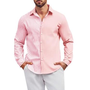 Imagem de Runcati Camisa masculina de botão de manga comprida listrada elegante de algodão patchwork, rosa, M