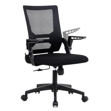 Imagem de Cadeira de mesa, suporte lombar de malha para cadeira de escritório, cadeira ergonômica com rodinhas para computador com apoios de braços flip-up, cadeira de trabalho giratória ajustável no meio das