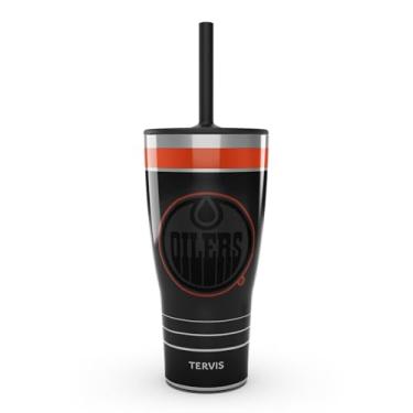 Imagem de Tervis Traveler NHL Edmonton Oilers - copo de viagem com isolamento térmico de parede tripla para jogo noturno mantém as bebidas frias e quentes, 850 g com tampa de palha, aço inoxidável