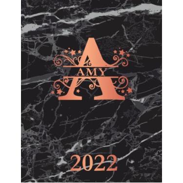 Imagem de Amy: 2022. Personalized Name Weekly Planner Diary 2022. Monogram Letter A Notebook Planner. Black Marble & Rose Gold Cover. Datebook Calendar Schedule