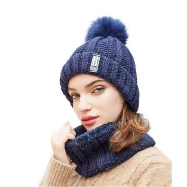 Imagem de Kit Touca Gorro PomPom Cachecol Gola Forrada Lã Inverno Frio - Modas F