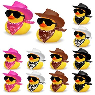 Imagem de HAVAGDTM 12Pçs Pato Cowboy Com Chapéu E Óculos De Sol, Mini Patinhos Brinquedos Para Aniversário, Natação, Presente De Festa